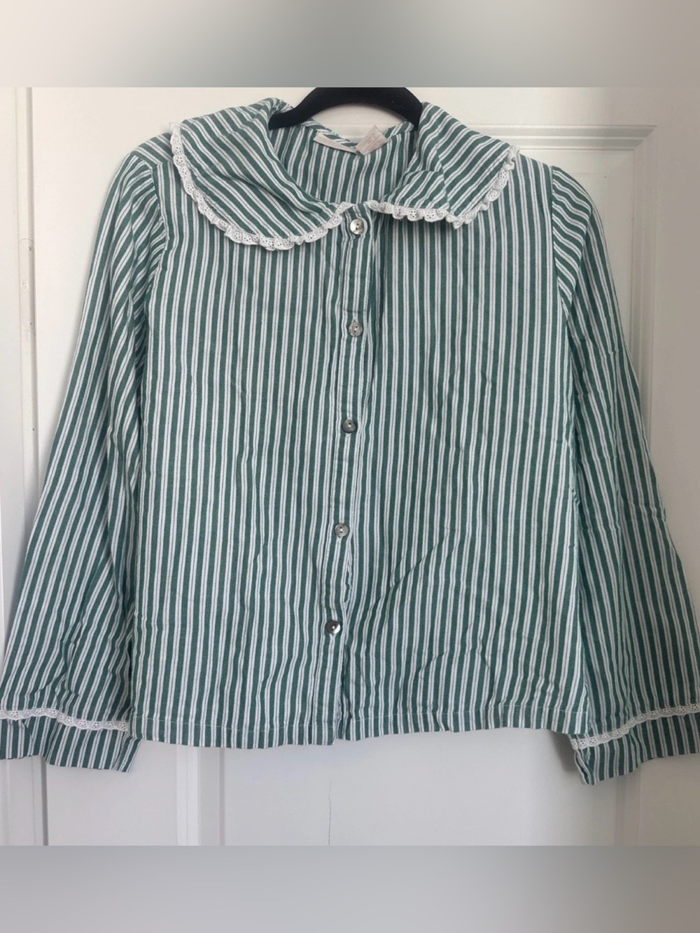 Rachel Ashwell Green White Striped Lace Pajama Top Medium Cotton Cottagecore